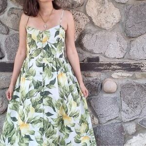 H&M Green and Yellow Leaf Print Midi Dress